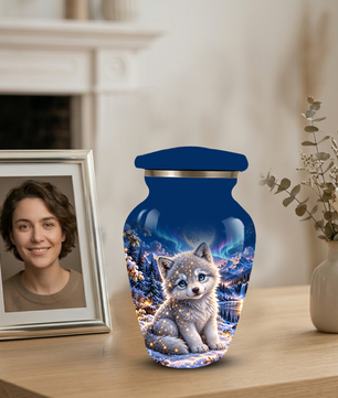 Celestial White Wolf Cremation Urn for Adult Ashes – Magical Winter Memorial Urn