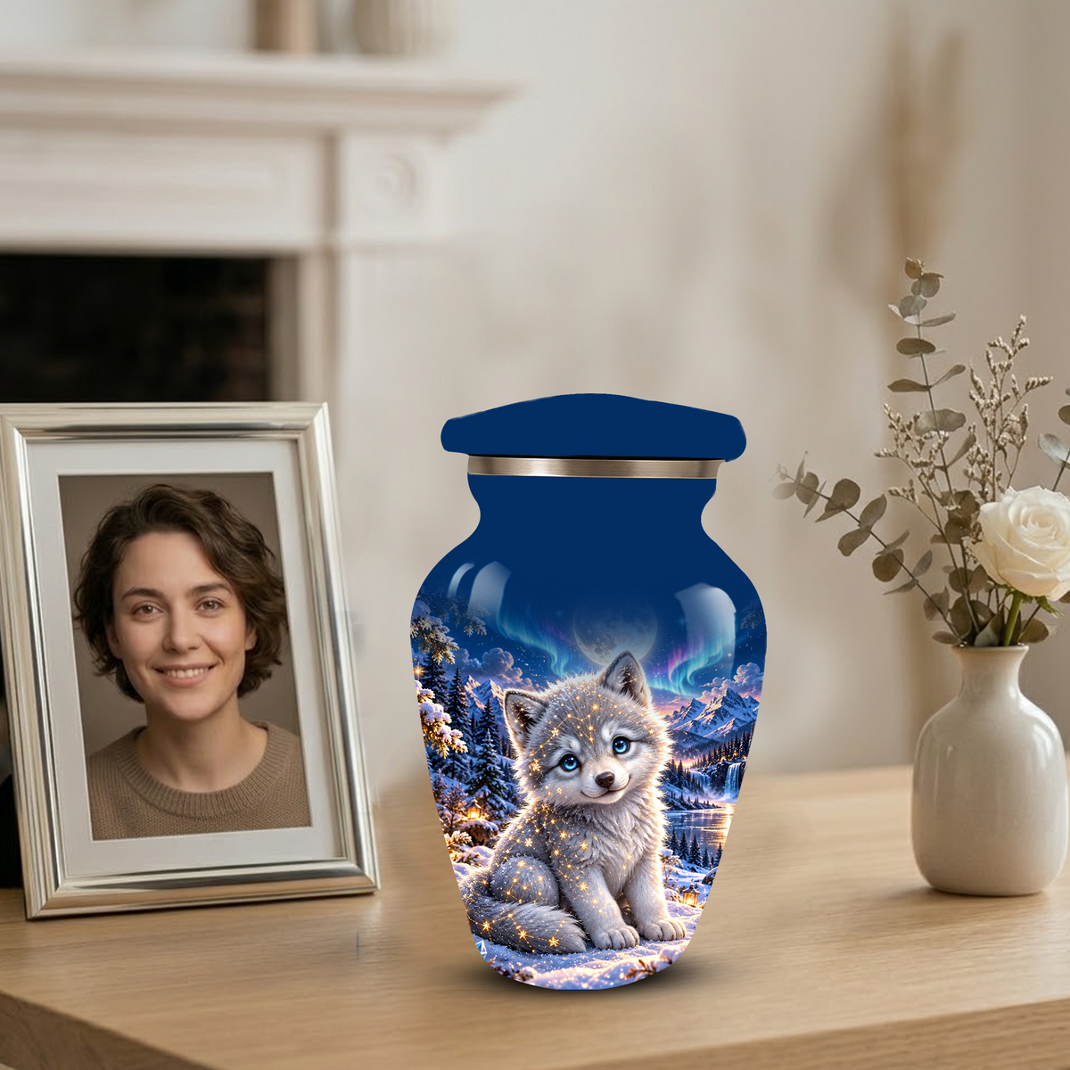 Celestial White Wolf Cremation Urn for Adult Ashes – Magical Winter Memorial Urn