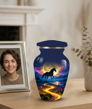Personalized Adult Cremation Urn for Ashes, Black Horse Under Golden Moon Memorial Urn