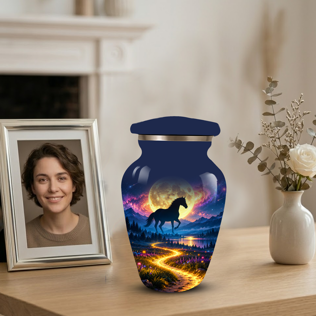 Personalized Adult Cremation Urn for Ashes, Black Horse Under Golden Moon Memorial Urn