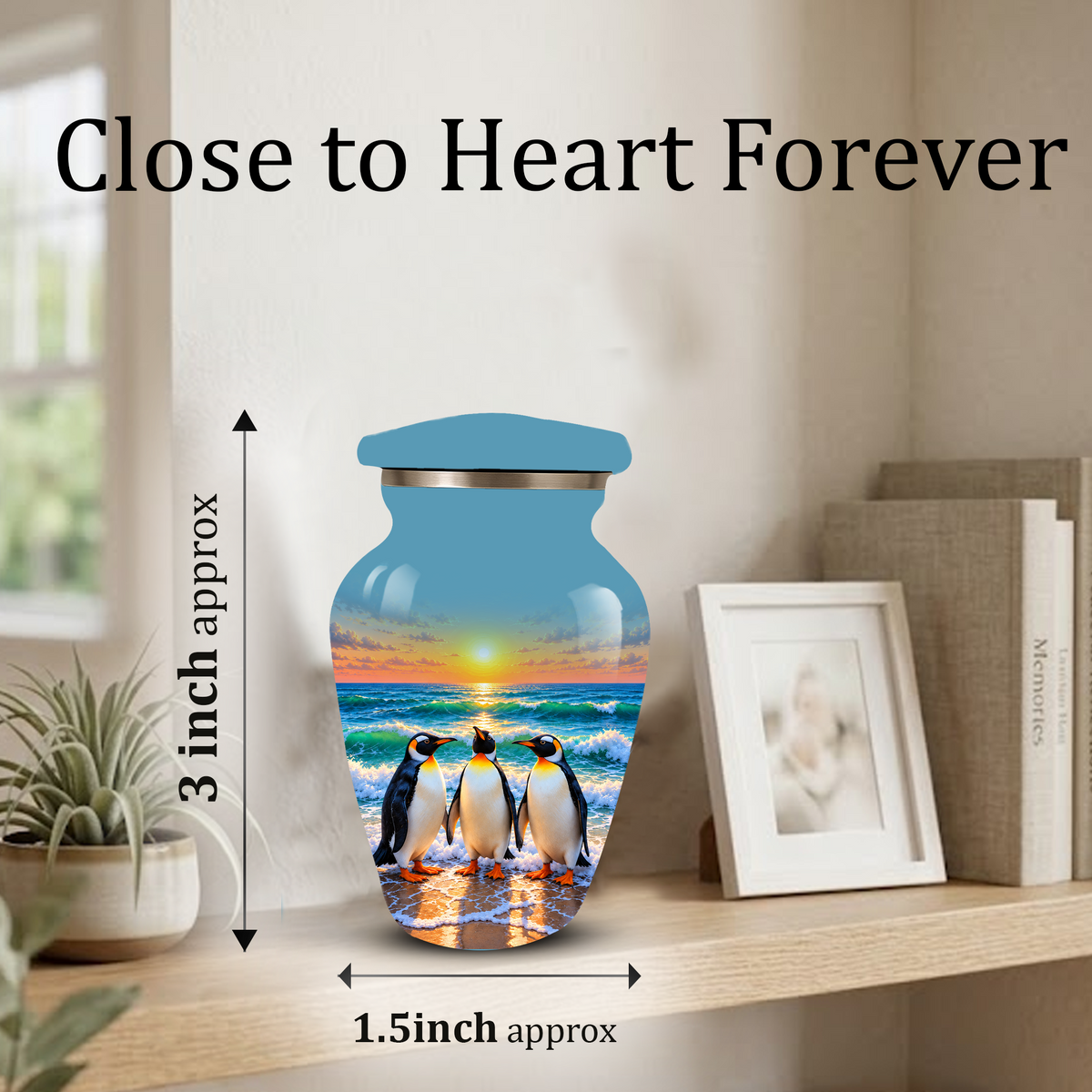 , Penguin Beach Sunset Memorial Urn, Ocean-Themed Urn for Human Ashes