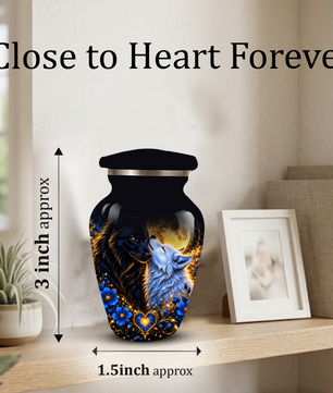 Personalized Wolf Cremation Urn for Ashes, Black and White Wolf Memorial Urn, Blue Floral Adult Urn, Custom Adult Urn