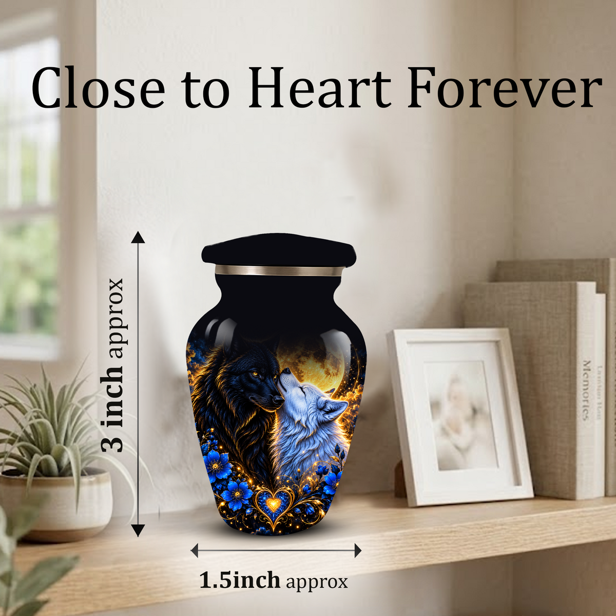 Personalized Wolf Cremation Urn for Ashes, Black and White Wolf Memorial Urn, Blue Floral Adult Urn, Custom Adult Urn