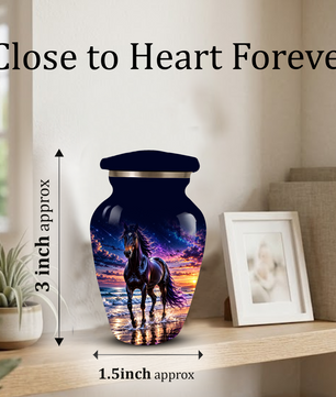 Personalized Adult Cremation Urn for Ashes, Custom Horse Memorial Urn, Black Horse with Purple Mane and Galaxy Sunset Design