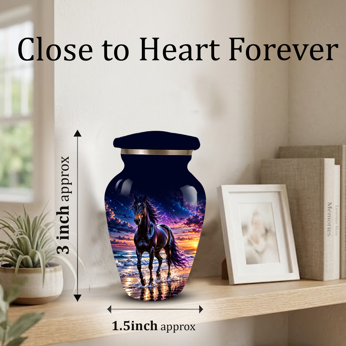 Personalized Adult Cremation Urn for Ashes, Custom Horse Memorial Urn, Black Horse with Purple Mane and Galaxy Sunset Design