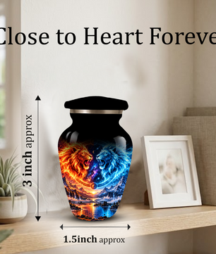 Personalized Adult Cremation Urn for Ashes, Fire and Ice Twin Lion Memorial Urn