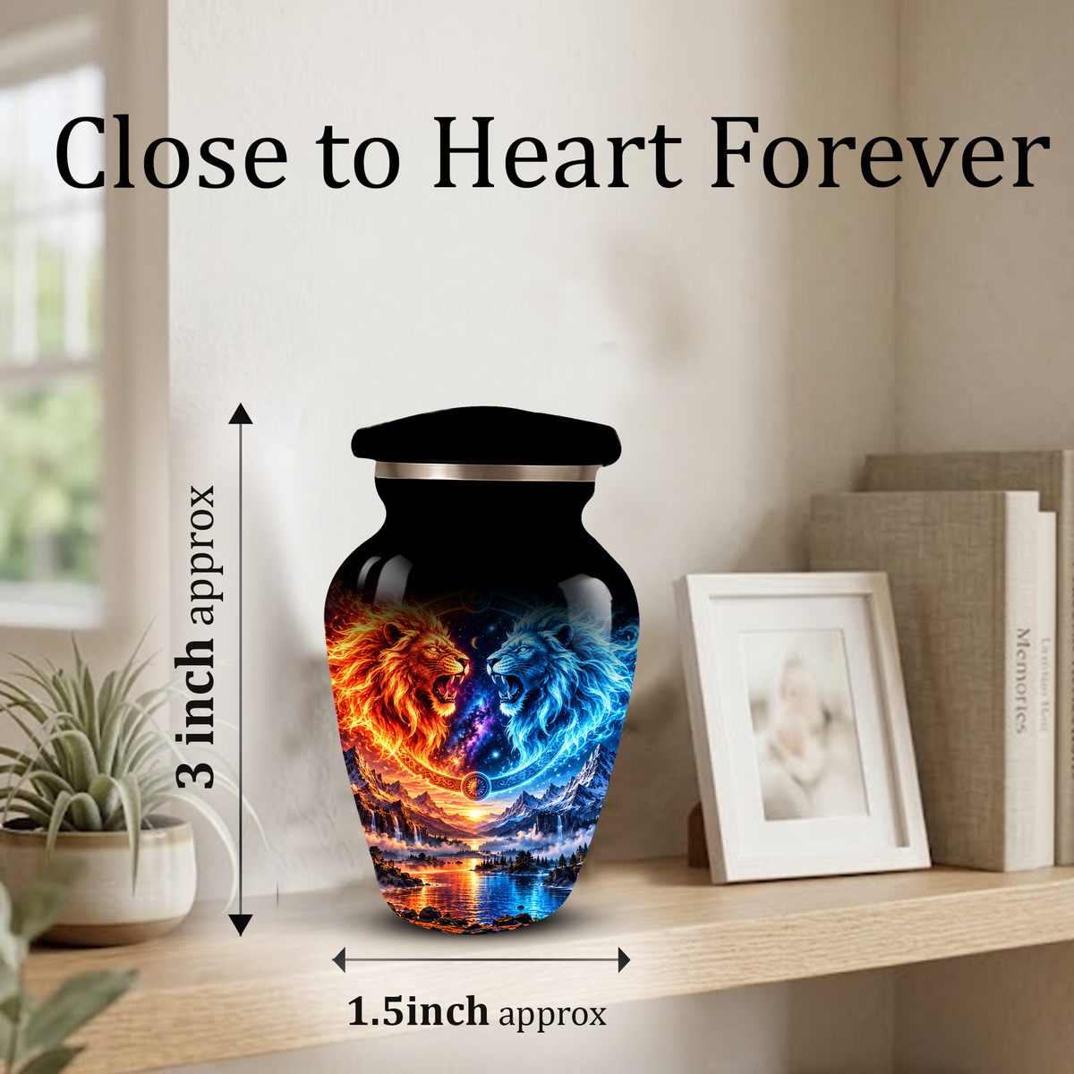 Personalized Adult Cremation Urn for Ashes, Fire and Ice Twin Lion Memorial Urn