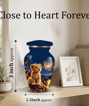 Personalized Adult Cremation Urn for Ashes, Baby Lion Under Golden Moon Memorial Urn