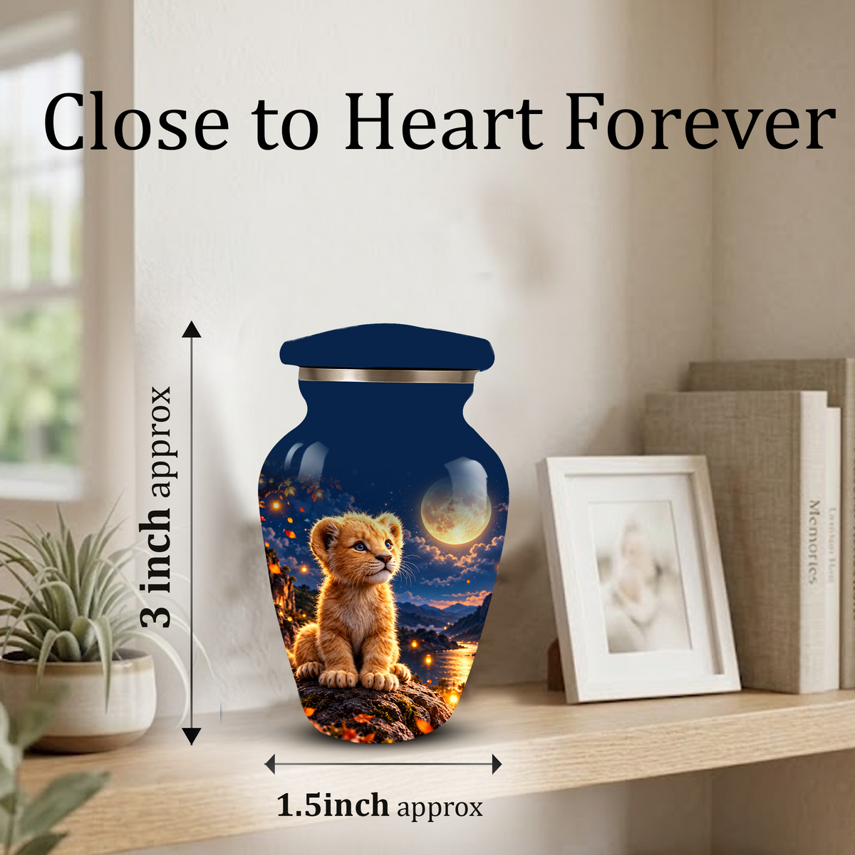 Personalized Adult Cremation Urn for Ashes, Baby Lion Under Golden Moon Memorial Urn