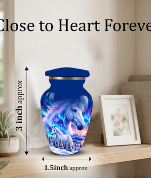White Horse Cremation Urn for Adult Ashes, Blue Memorial Urn with Snowy Mountain and Northern Lights Artwork