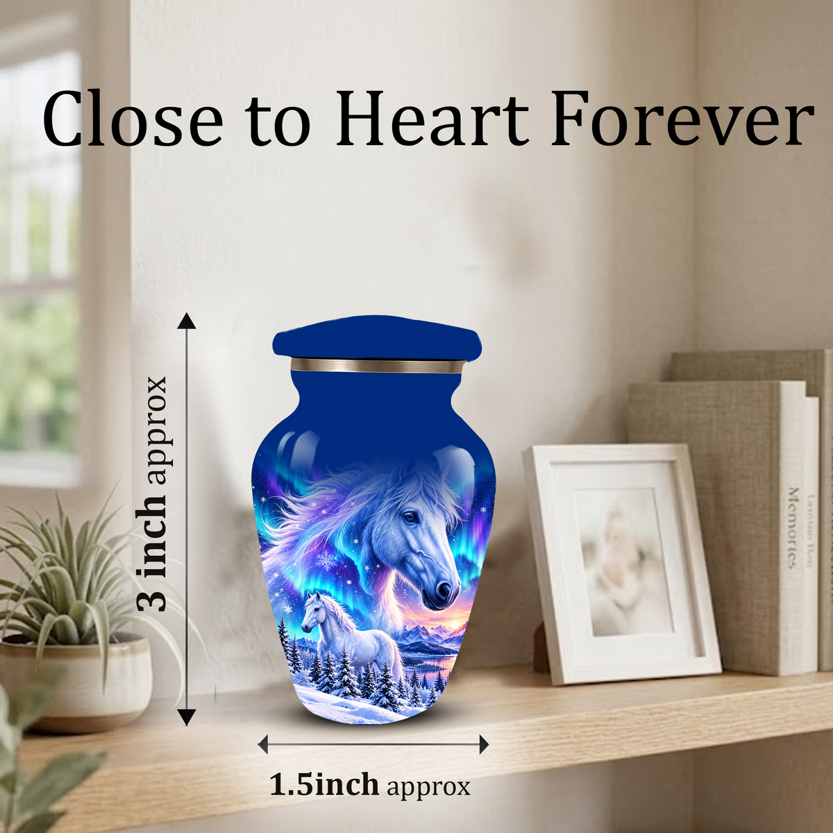 White Horse Cremation Urn for Adult Ashes, Blue Memorial Urn with Snowy Mountain and Northern Lights Artwork