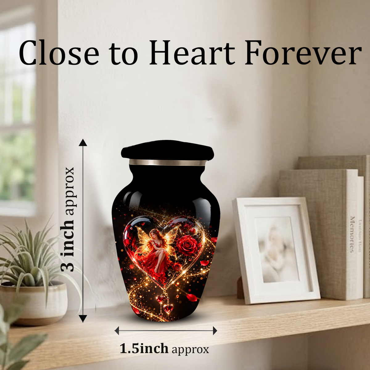 Red Rose Fairy Heart Cremation Urn for Adult Ashes, Personalized Memorial Urn with Romantic Heart Design