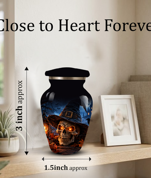 Halloween Skull Adult Urn for Ashes – Gothic Witch Hat Cremation Urn for Adults