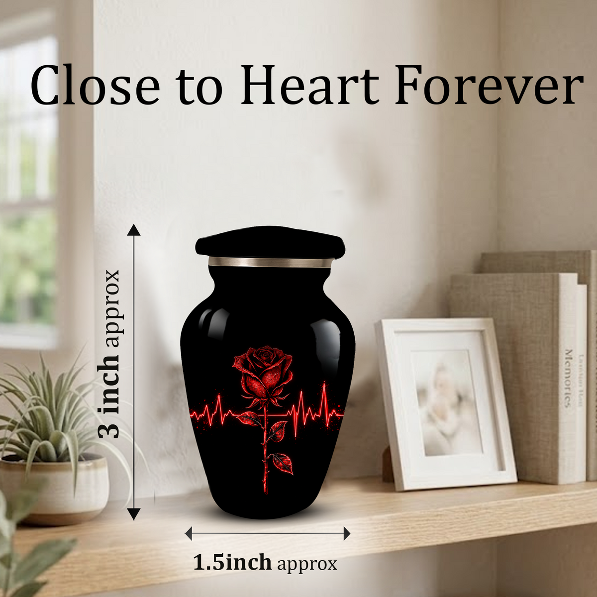 Red Rose Heartbeat Adult Urn for Ashes – Black Adult Cremation Urn, Memorial Urn for Adult Ashes