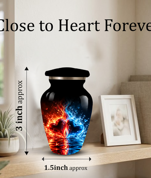 Red and Blue Heart Cremation Urn for Adult Ashes, Personalized Memorial Urn with Fire and Water Design