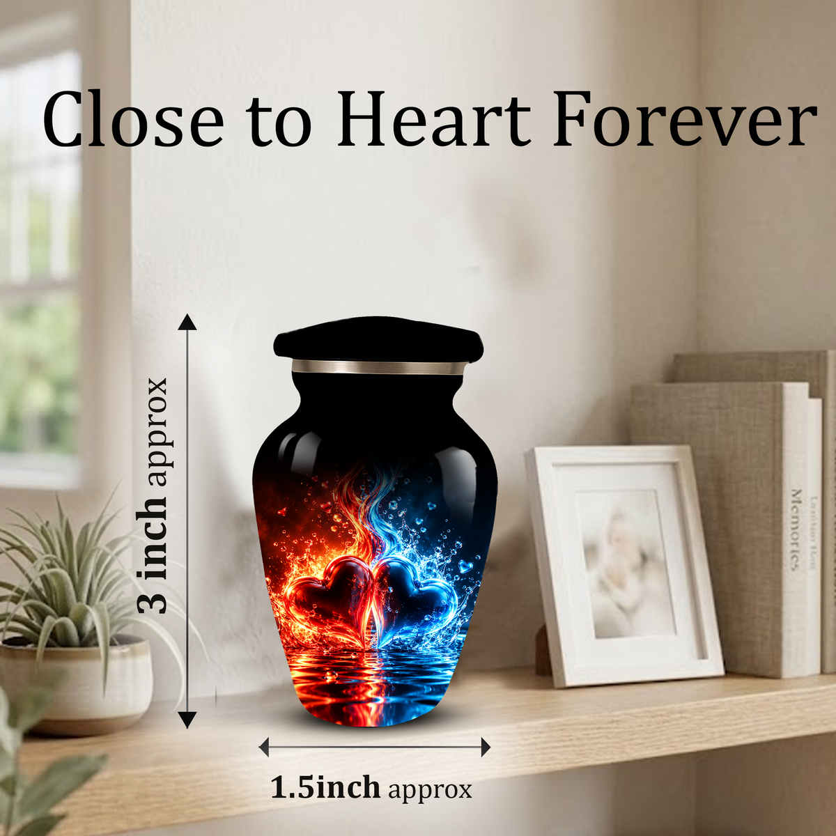 Red and Blue Heart Cremation Urn for Adult Ashes, Personalized Memorial Urn with Fire and Water Design