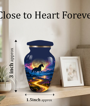 Personalized Adult Cremation Urn for Ashes, Black Horse Under Golden Moon Memorial Urn