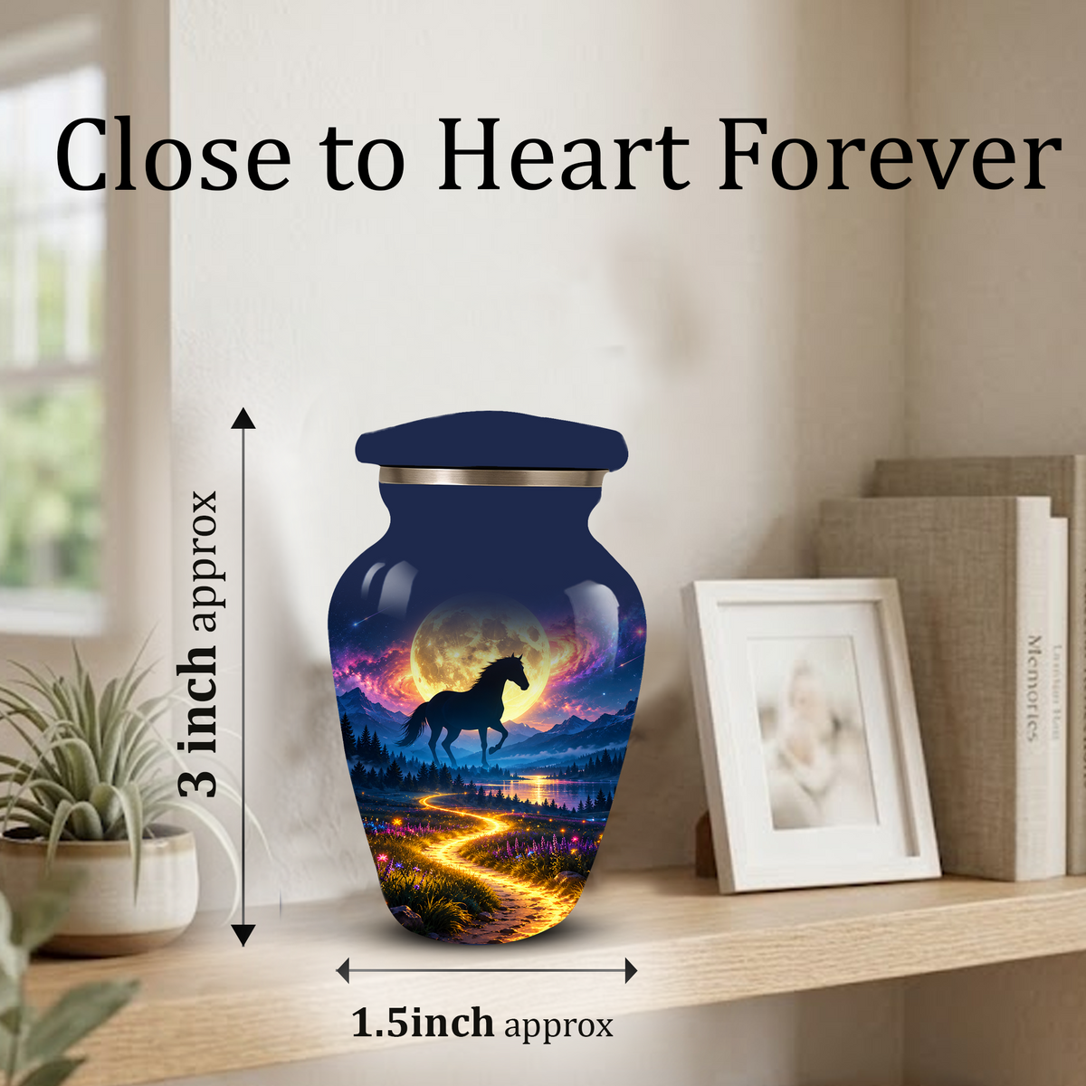 Personalized Adult Cremation Urn for Ashes, Black Horse Under Golden Moon Memorial Urn