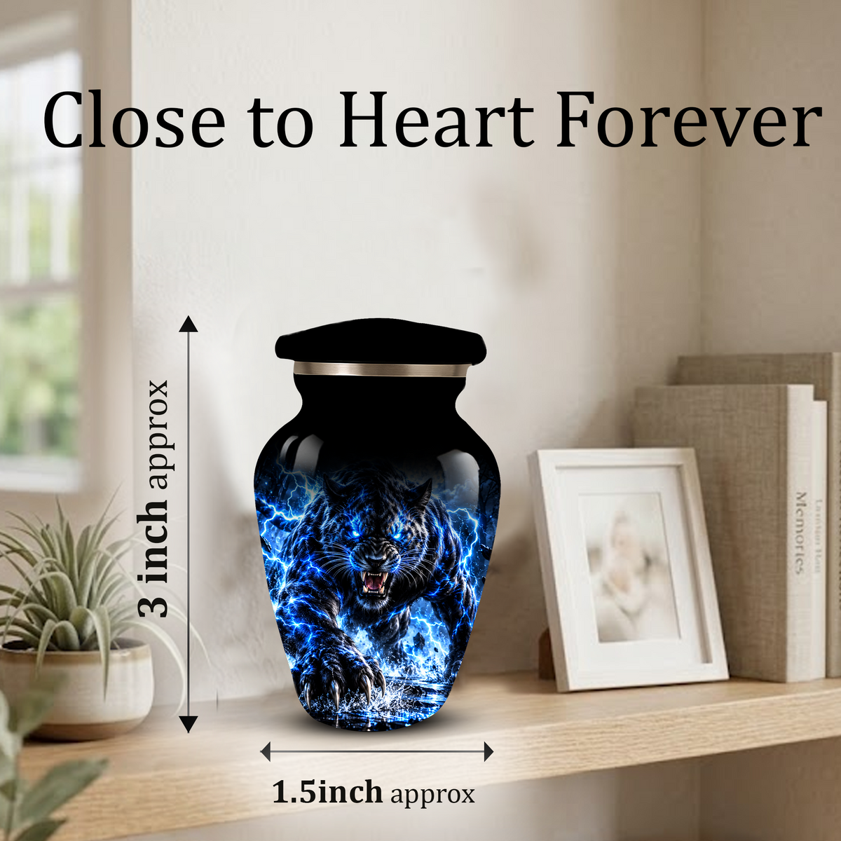 Black Panther Cremation Urn for Ashes, Blue Lightning Big Cat Urn for Human Ashes
