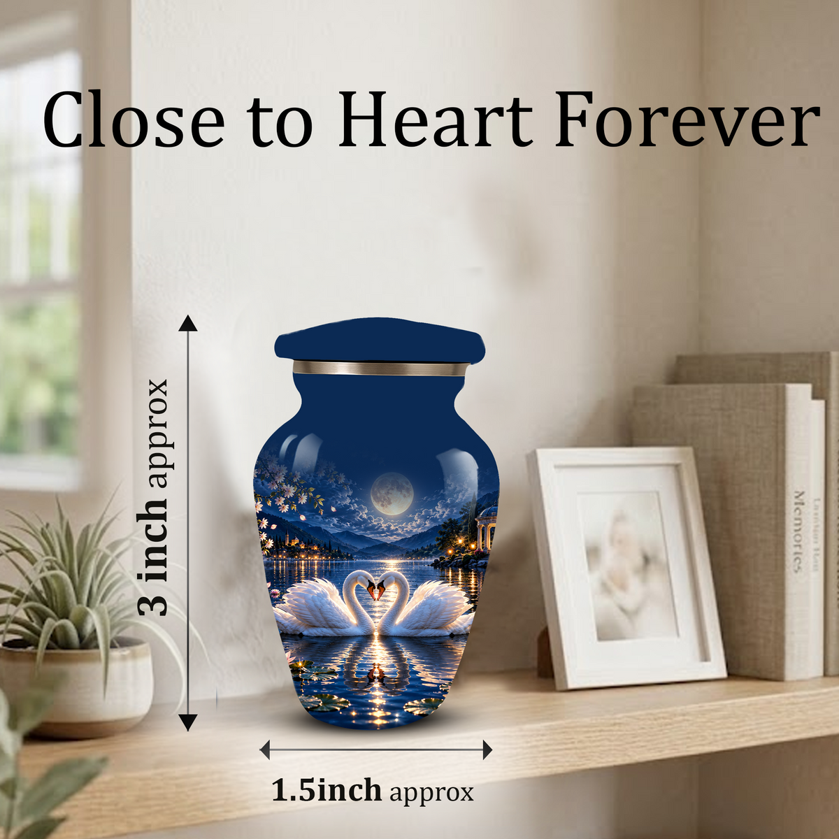 Personalized Adult Cremation Urn for Ashes, Two Swans Under the Full Moon Memorial Urn