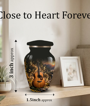 Personalized Guitar Cremation Urn for Ashes, Musical Instrument Urn with Golden Music Notes, Custom Music Lover Urn