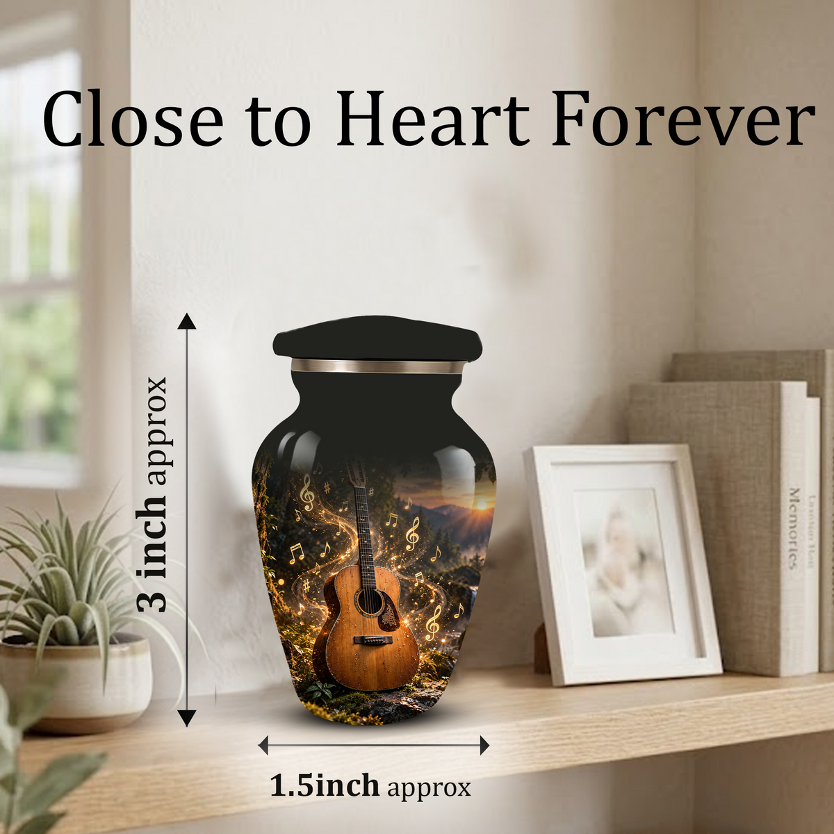 Personalized Guitar Cremation Urn for Ashes, Musical Instrument Urn with Golden Music Notes, Custom Music Lover Urn