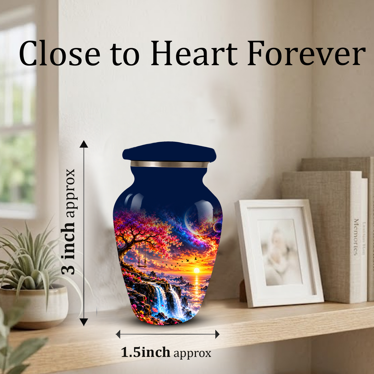 Personalized Adult Cremation Urn for Ashes, Custom Memorial Urn, Fantasy Sunset Waterfall and Cherry Blossom Design