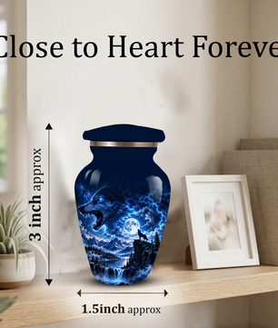 Personalized Adult Cremation Urn for Ashes, Blue Lightning Wolf Memorial Urn, Custom Wolf Howling at Moon Urn