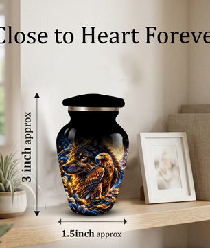 Wolf and Eagle Cremation Urn for Adult Ashes, Black Memorial Urn with Golden Eagle, Majestic Wolf and Celestial Artwork