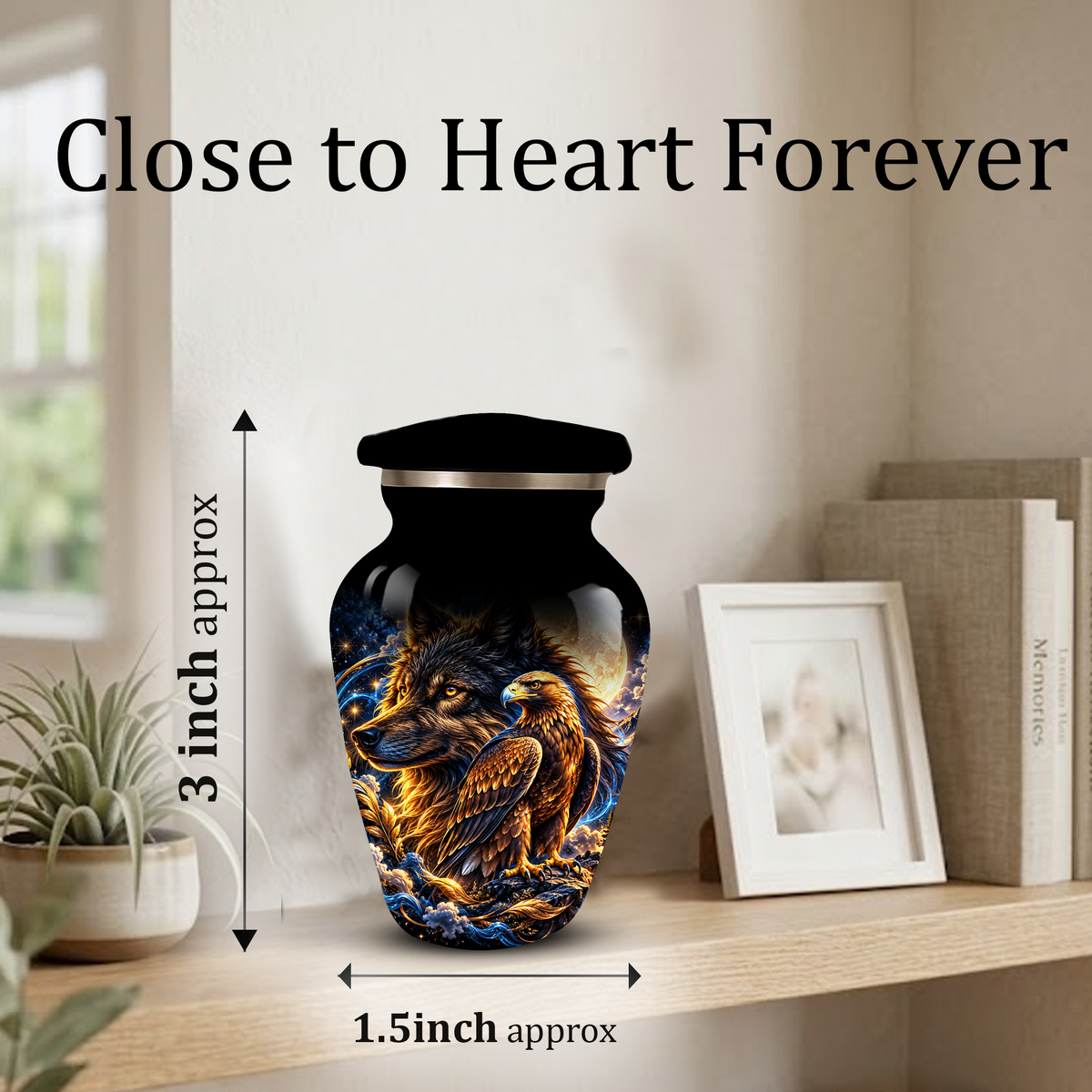 Wolf and Eagle Cremation Urn for Adult Ashes, Black Memorial Urn with Golden Eagle, Majestic Wolf and Celestial Artwork