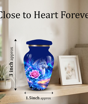 White Wolf and Pink Rose Cremation Urn for Adult Ashes, Blue Memorial Urn with Celestial Aurora and Sunset Mountain Artwork