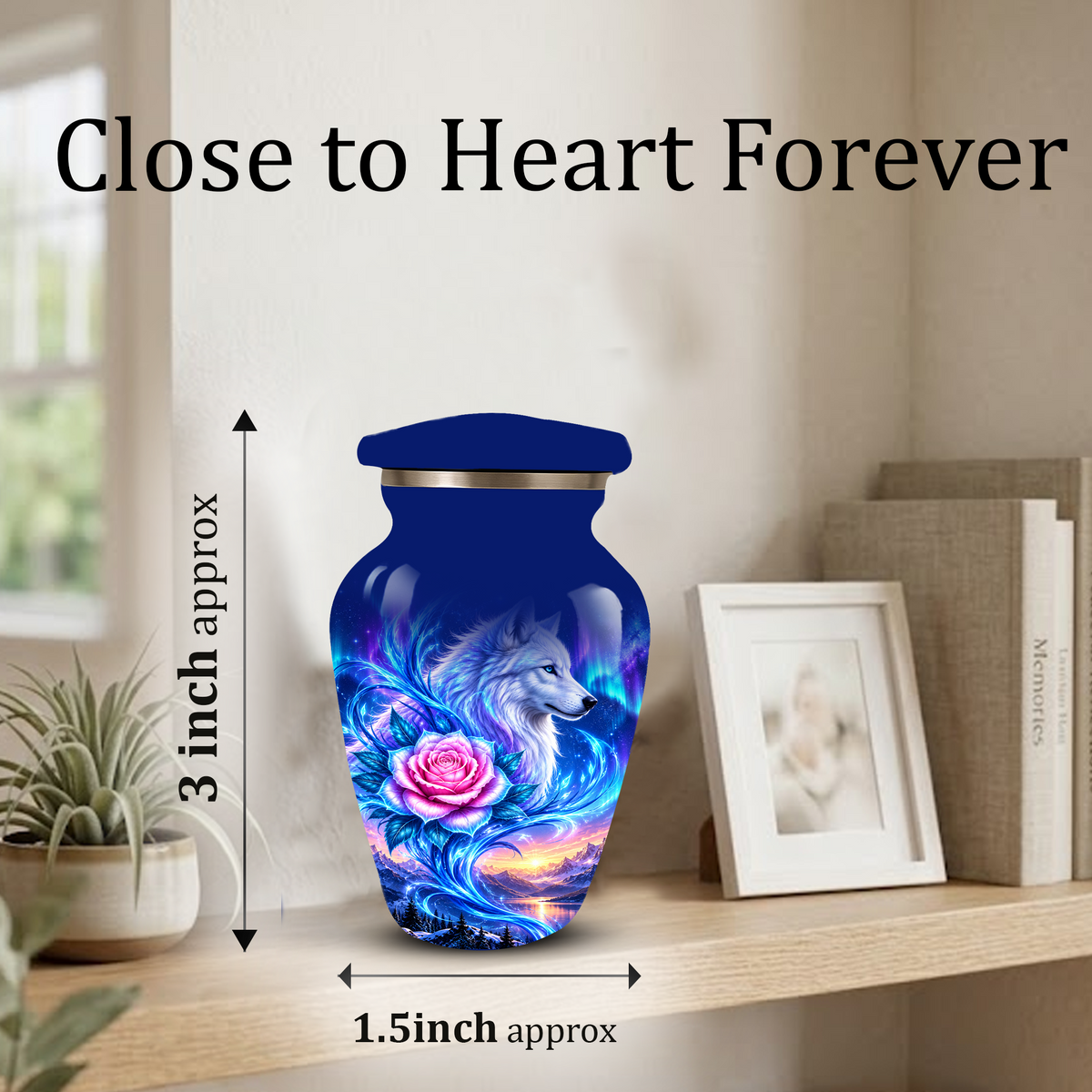 White Wolf and Pink Rose Cremation Urn for Adult Ashes, Blue Memorial Urn with Celestial Aurora and Sunset Mountain Artwork