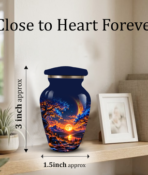 Celestial Moon Cremation Urn for Adult Ashes,  Glowing Crescent Moon, Sunset Mountains and Starry Lake Artwork