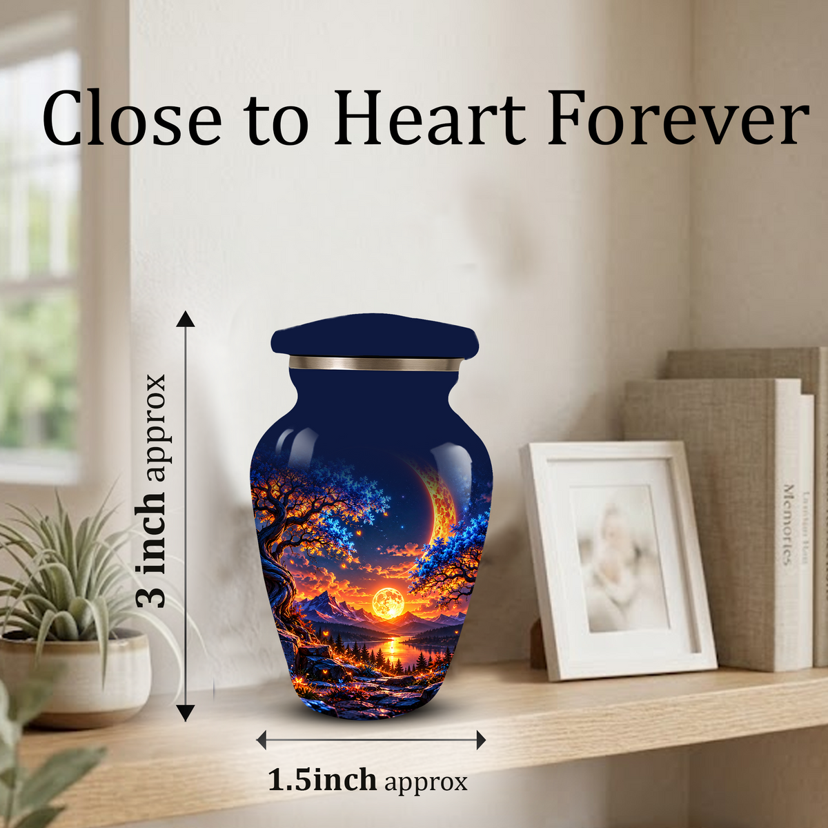 Celestial Moon Cremation Urn for Adult Ashes,  Glowing Crescent Moon, Sunset Mountains and Starry Lake Artwork