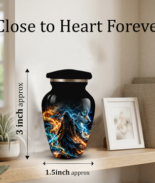 Personalized Adult Cremation Urn for Ashes, Custom Wolf Memorial Urn, Fantasy Warrior Blue and Orange Flame Artwork