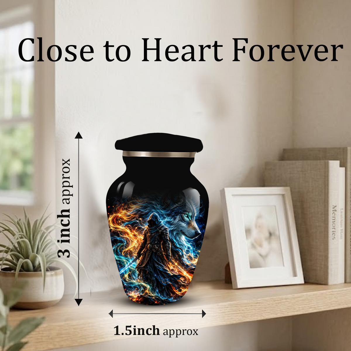 Personalized Adult Cremation Urn for Ashes, Custom Wolf Memorial Urn, Fantasy Warrior Blue and Orange Flame Artwork
