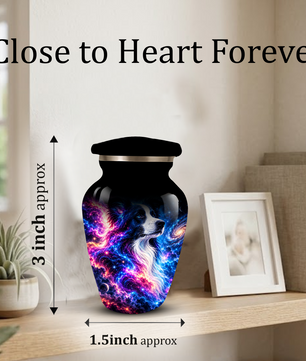Cosmic Border Collie Cremation Urn for Adult Ashes, Black and White Dog Memorial Urn with Glowing Blue Pink Galaxy and Celestial Stars Artwork