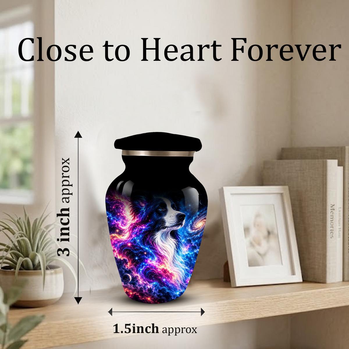 Cosmic Border Collie Cremation Urn for Adult Ashes, Black and White Dog Memorial Urn with Glowing Blue Pink Galaxy and Celestial Stars Artwork