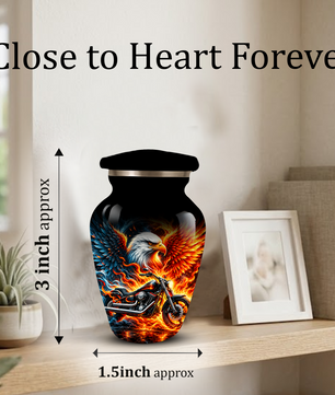 Eagle and Motorcycle Cremation Urn for Adult Ashes, Fiery Phoenix Eagle Biker Urn for Human Ashes