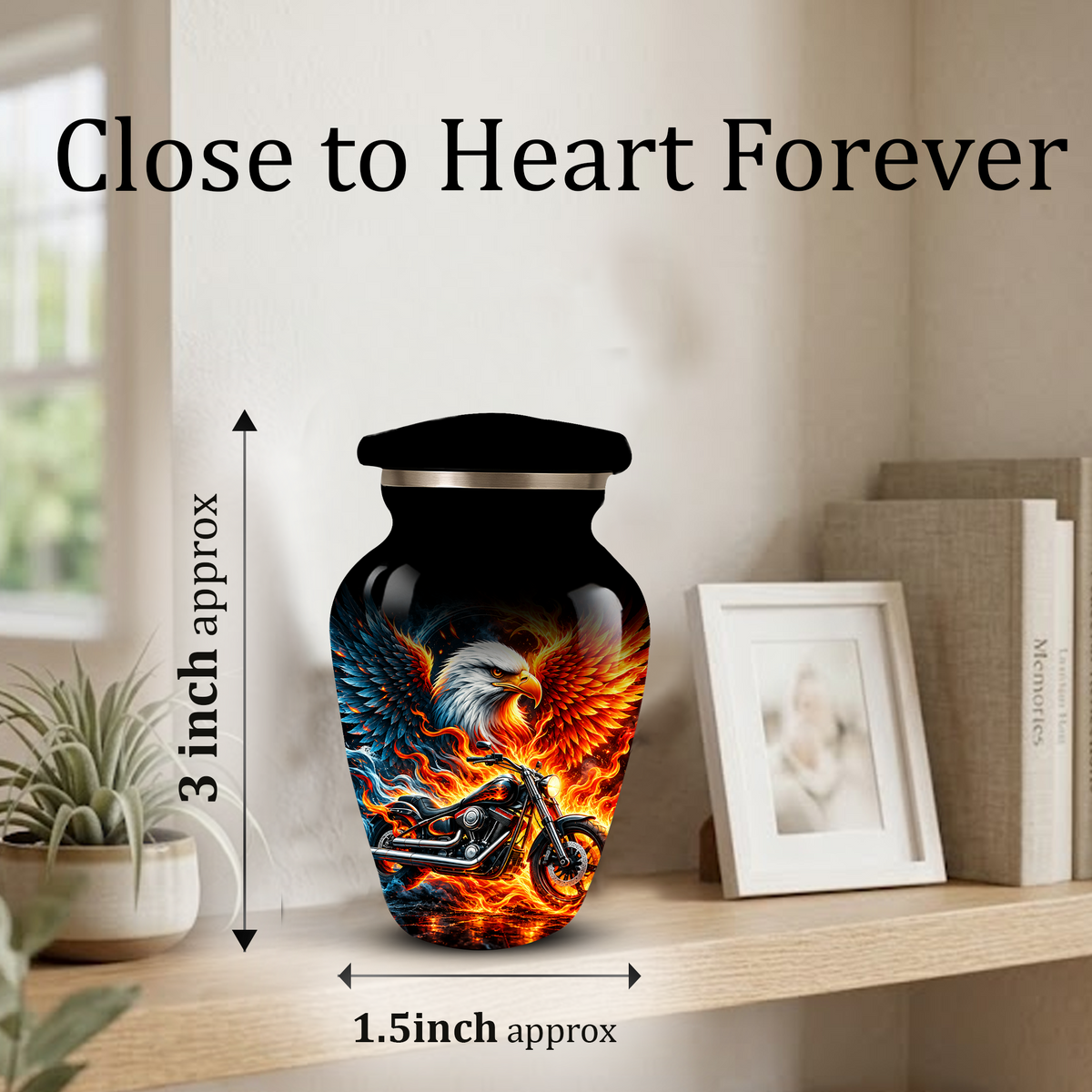 Eagle and Motorcycle Cremation Urn for Adult Ashes, Fiery Phoenix Eagle Biker Urn for Human Ashes
