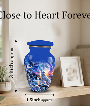 Personalized Adult Cremation Urn for Ashes, Custom Wolf and Eagle Memorial Urn, Blue Moonlight Fantasy Wildlife Design
