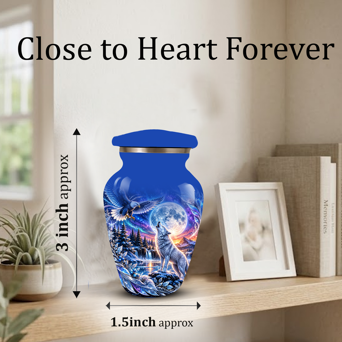 Personalized Adult Cremation Urn for Ashes, Custom Wolf and Eagle Memorial Urn, Blue Moonlight Fantasy Wildlife Design