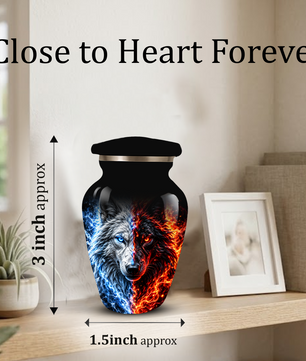 Personalized Adult Cremation Urn for Ashes, Custom Wolf Memorial Urn, Blue and Fire Red Dual Wolf Artwork