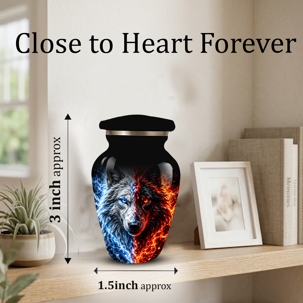 Personalized Adult Cremation Urn for Ashes, Custom Wolf Memorial Urn, Blue and Fire Red Dual Wolf Artwork