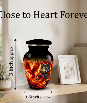 Phoenix and Wolf Cremation Urn for Adult Ashes, Fiery Red Phoenix and Wolf Adult Urn for Human Ashes