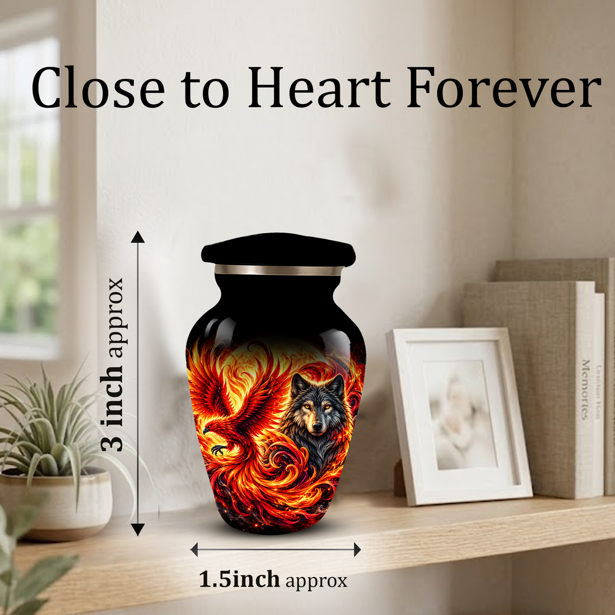 Phoenix and Wolf Cremation Urn for Adult Ashes, Fiery Red Phoenix and Wolf Adult Urn for Human Ashes