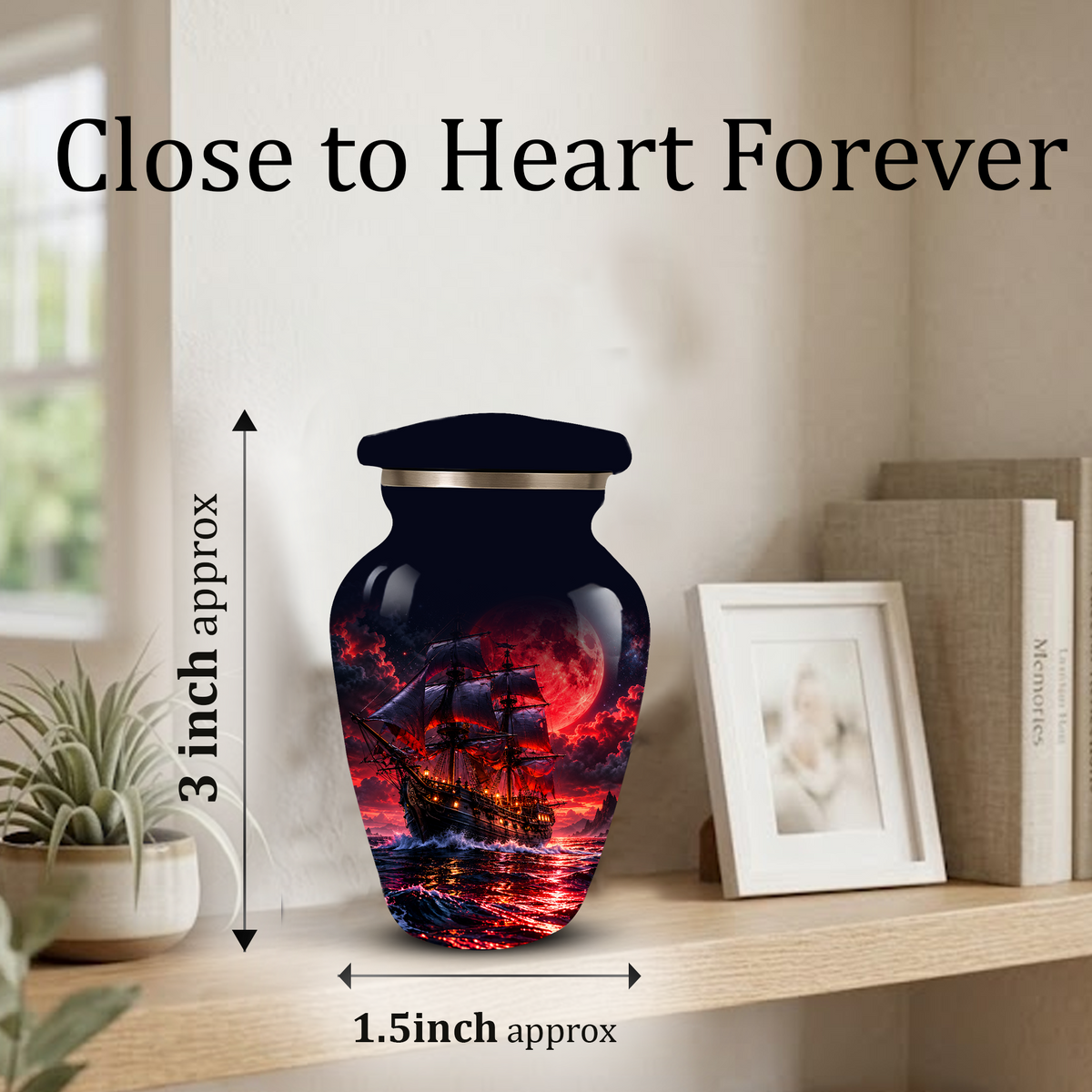 Personalized Adult Cremation Urn for Ashes, Custom Pirate Ship Red Moon Memorial Urn, Nautical Cremation Urn