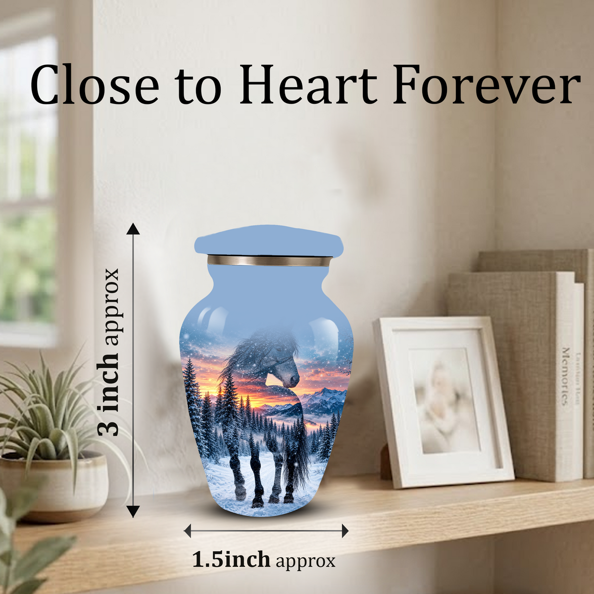 Snowy Horse Cremation Urn for Adult Ashes, Black Horse in Winter Forest Memorial Urn, Personalized Urn for Human Ashes