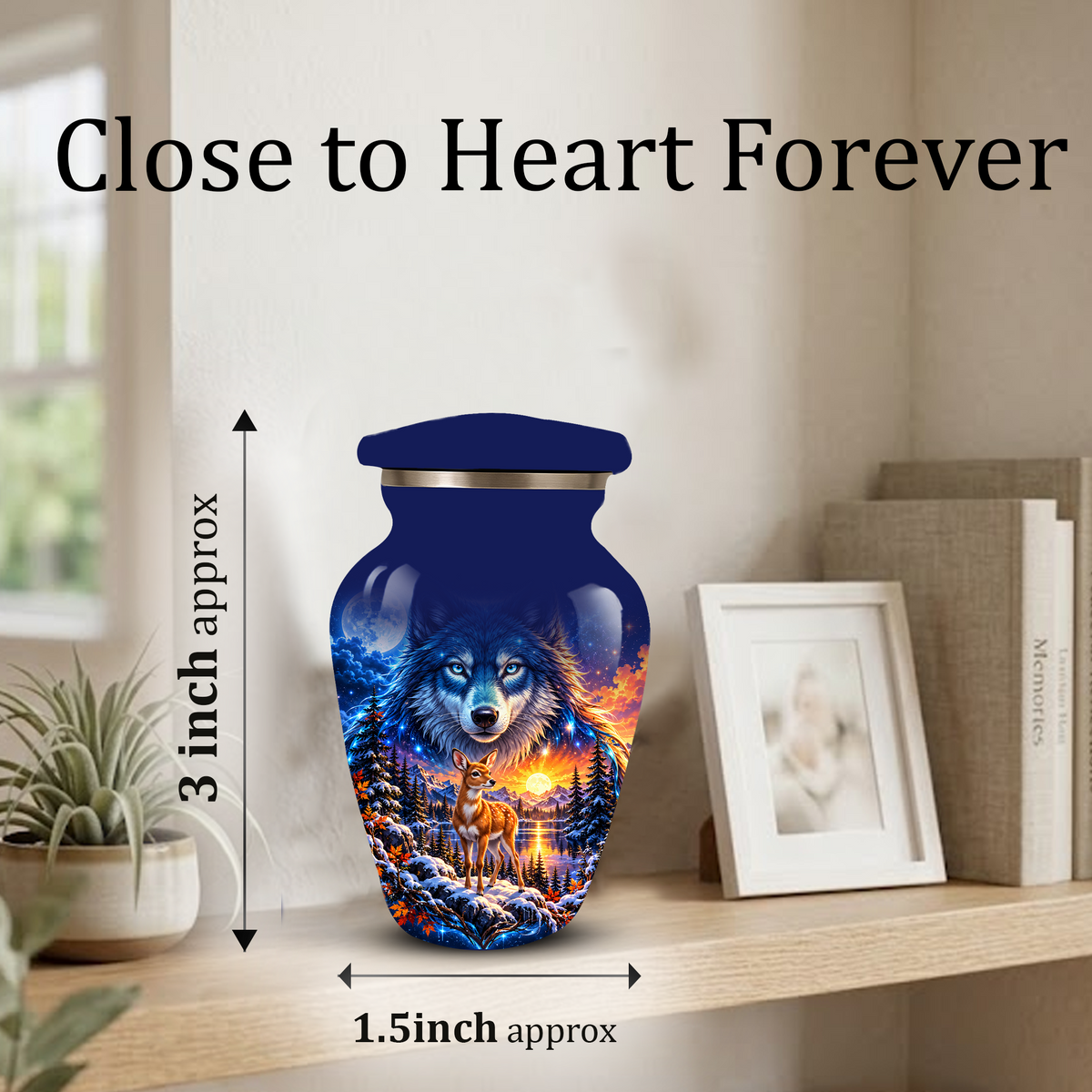 Personalized Wolf and Deer Adult Cremation Urn for Ashes, Wildlife Memorial Urn