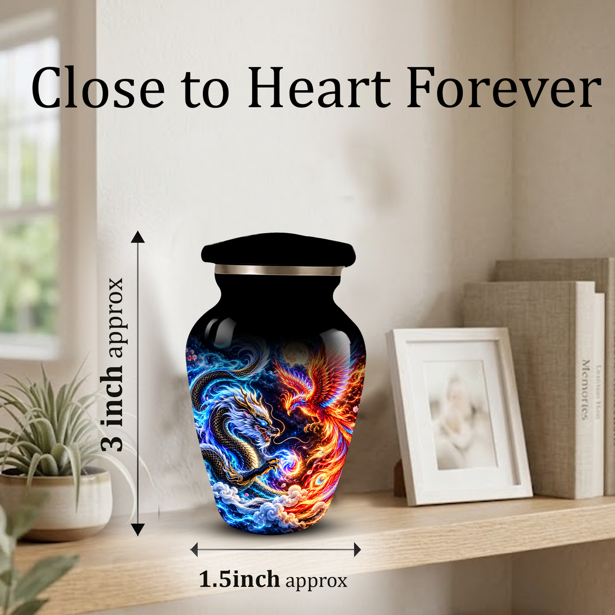 Blue Dragon and Phoenix Cremation Urn for Adult Ashes, Fantasy Bird Memorial Urn